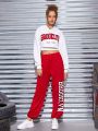 SHEIN Teen Girl Letter Graphic Drop Shoulder Hoodie & Sweatpants