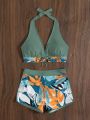 SHEIN Swim Summer Beach Random Leaf Print Bikini Set Tie Front Halter Bra & Dolphin Shorts 2 Piece Bathing Suit