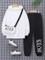 SHEIN Teenage Boys' 3pcs Solid Color Hoodie With Printed Knitted Pants And Crossbody Bag