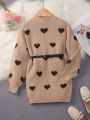 SHEIN Tween Girl Heart Pattern Mock Neck Lantern Sleeve Sweater Dress Without Belt