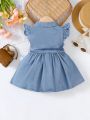 Baby Girls' Cute Flutter Sleeve Belted Denim Dress