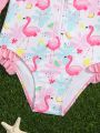 Young Girl Flamingo Print Zipper Front One Piece Swimsuit