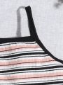 SHEIN Kids EVRYDAY Big Girls' Striped Camisole Top With Color Block Trim