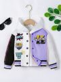 Young Girl Embroidery Letter Pattern Colorblock Varsity Jacket Without Hoodie