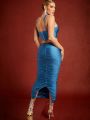 ALT Rhinestone Ruched Crop Top & Skirt Set