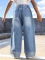 Girls' Vintage College Style Basic Distressed Loose Fit Casual Comfortable Wide Leg Jeans