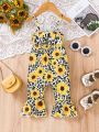 SHEIN Baby Girl Casual Vintage Street Style Leopard & Sunflower Pattern Spaghetti Strap Jumpsuit With Flared Pants, Spring & Summer Outfits