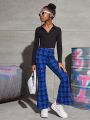 SHEIN Kids Cooltwn Tween Girl Plaid Print Flare Leg Pants