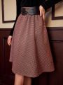 SHEIN DECDS Vintage Elegant Women'S A-Line Skirt With Wide Waist Belt And Umbrella Hem, Autumn/Winter