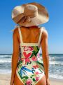 SHEIN Swim Chicsea Floral Print One-piece Swimsuit And Beach Skirt