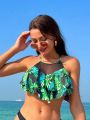 SHEIN Swim Vcay Women'S Tropical Plant Print Halter Bikini Top