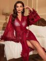 1pc 3D Appliques Trim Belted Mesh Robe
