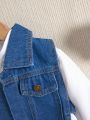 SHEIN Kids HYPEME Young Girl Flounce Sleeve Shirt Dress & Denim Vest Jacket