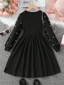 SHEIN Tween Girl Pearls Beaded Puff Sleeve Dress