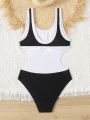 Teen Girls' Colorblock Edge Waist Cutout One-Piece Swimsuit