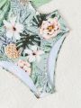 Teenage Girl's Tropical Print Patchwork Hollow Out One Piece Swimsuit