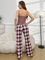 Women's Plaid Pattern Camisole Top And Pants Pajama Set