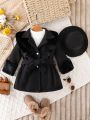 Baby Girl Fuzzy Modified Button-up Belt Long Coat And Hat Autumn And Winter