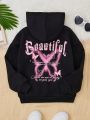 SHEIN Tween Girl Butterfly & Slogan Graphic Hoodie