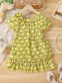 SHEIN Kids QTFun Young Girls' Cartoon Duck Print Square Neck Short Sleeve Dress And Bag Set Suitable For Outdoor Activities And Vacation, Summer