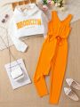 SHEIN Tween Girl Letter Graphic Hoodie & Belted Tank Jumpsuit