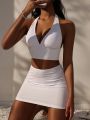 SHEIN Swim Chicsea Women'S Solid Color Ribbed Knitted Swimsuit Set