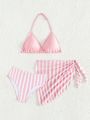 3pcs/Set Cute Striped Bikini Swimwear Set For Tween Girls