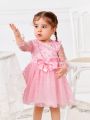 SHEIN Baby Girls' Elegant Pink Butterfly & Polka Dot Mesh Long Sleeve Dress