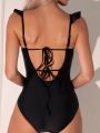 One Piece Solid Swimsuit With Ruffle Trim