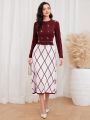 SHEIN Modely Pearl, Beaded, Rhinestone Detail Knitted Sweater Dress In Check Pattern