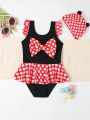 Girls' Polka Dot One-Piece Swimsuit With Cute Pattern Print, Includes Swimming Cap