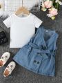 Infant Girls' Fashionable Casual Short Sleeve Ribbed T-Shirt And Denim Dress With Metal Buckle Waistband And Pocket Decoration For Spring/Summer