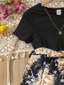 SHEIN Kids SUNSHNE Girls' Floral Printed Patchwork Short Sleeve Dress