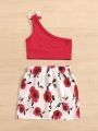 SHEIN Baby Bow One Shoulder Top & Floral Print Skirt