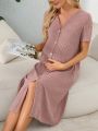 Maternity Solid Color Rib Knit Front Buttoned Pajamas