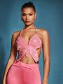 SHEIN BAE Pink Delicate Rhinestone Embellished Butterfly Shaped Backless Halter Top With Bow Tie For Nightclub, Party, Date, Summer Festival Outfits, Vintage Rave Outfits, Glitter Top, Western Coquette, Sexy