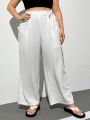 SHEIN Essnce Women's Plus Size White Long Pants With Belt, Wide Leg Pants For Spring And Summer