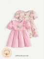 Cozy Cub Baby Girl's 2pcs/Set Plant Cartoon Patterned Round-Neck Dress With Ruffled Hem And Bubble Sleeves