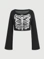 ROMWE Goth Skull Bell Sleeve Sweater