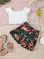 SHEIN Kids SUNSHNE Little Girls' Knit Net Solid Color Short Top With Flower Printed Shorts, 2pcs/Set