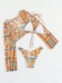 SHEIN Swim Y2GLAM Printing Patchwork Split Swimsuit Three Piece Set With Front Tie