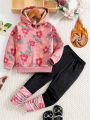 SHEIN Kids EVRYDAY Girls' Flower Printed Hoodie And Leggings Set, Toddler