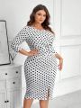 SHEIN Clasi Women's Plus Size Elegant Polka Dot Print Twisted Knot Detail Round Neck Slit Maxi Dress