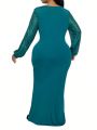 Plus Size Green Round Neck Glitter Lantern Sleeve Elegant Extra Long Mermaid Dress