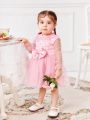 SHEIN Baby Girls' Elegant Pink Butterfly & Polka Dot Mesh Long Sleeve Dress