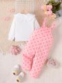 SHEIN Kids QTFun Toddler Girls' Cute Doll Collar Shirt With Bunny Print Polka Dot Overalls Set