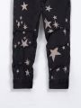 Boys' Street Cool Star Pattern Printed Black Straight-leg Jeans, Elastic Waist