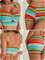 SHEIN DD+ Women's Geometric Pattern Hollow Out Detail Bikini Swimsuit Set