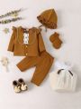 SHEIN Newborn Baby's Cardigan Button-up Knitted Ribbed Long Sleeve Gift Set, Unisex