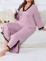 Plus Lace Trim Split Hem PJ Set